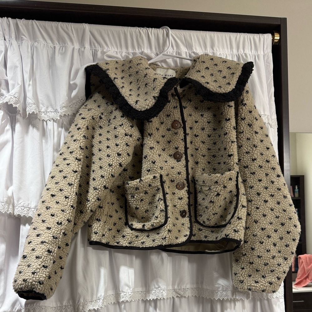 Cream Teddy Bouclé Jacket with Black Trim